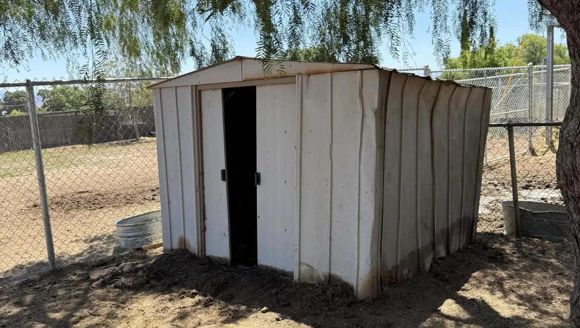 Old metal shed under tree scheduled for junk removal